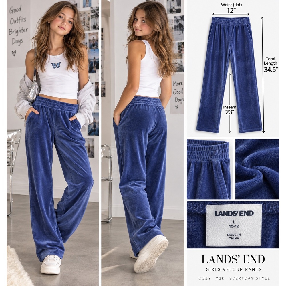Lands' End Girls Velour Pants 10-12 L Blue Wide Leg Pull On Y2K Lounge Cozy